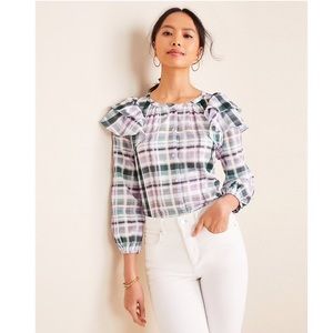 NWT Ann Taylor Plaid Ruffle Shoulder Blouse
